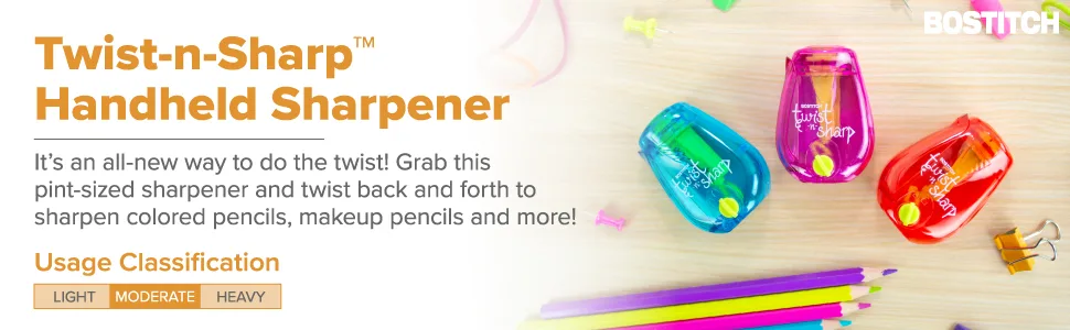 Bostitch Twist-n-Sharp Pencil Sharpener  for Kids & Colored Pencils  Assorted Colors (PS1-ADJ) - Kids Pencil Sharpener