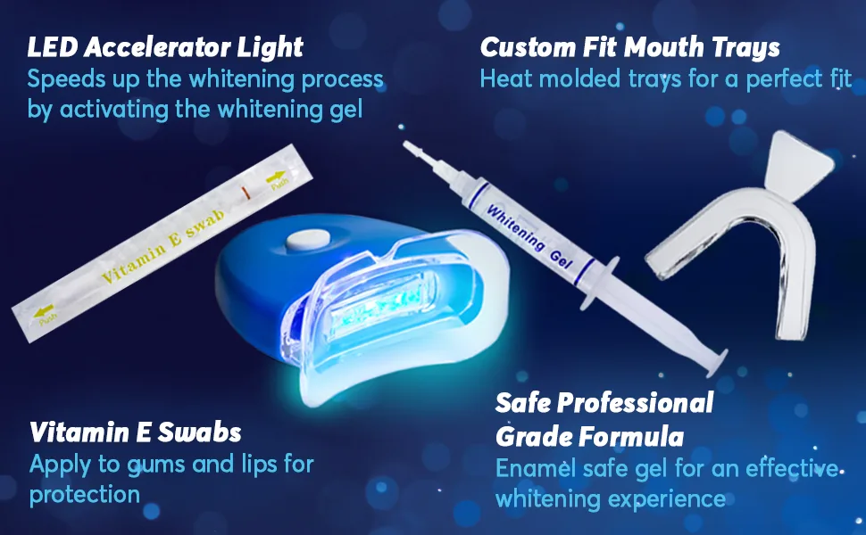 MagicBrite Complete Teeth Whitening Kit at Home Whitener - LED Light  35% Carbamide Peroxide  2 Mouth Trays  (3) 3ml Gel Syringes  Painless Effective - Led Accelerator Light Mouth Guard Teeth Whitening Gel Vitamin E Swabs