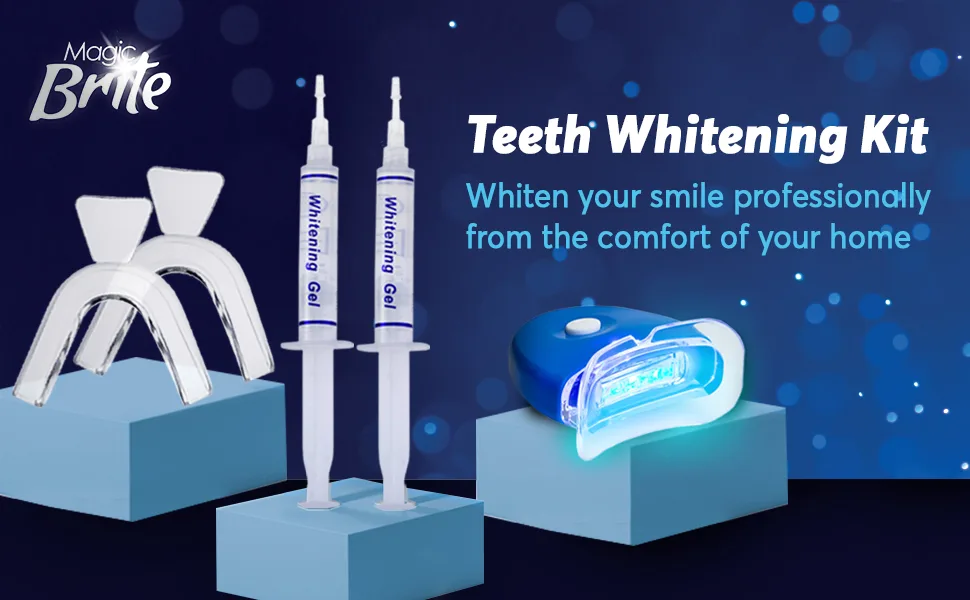 MagicBrite Complete Teeth Whitening Kit at Home Whitener - LED Light  35% Carbamide Peroxide  2 Mouth Trays  (3) 3ml Gel Syringes  Painless Effective - MagicBrite Teeth Whitening Kit
