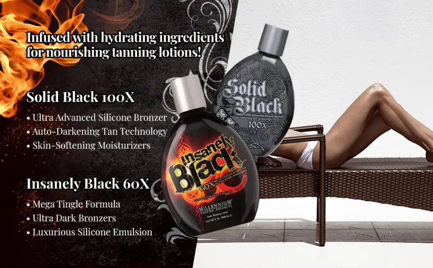 Millennium Tanning Products  Solid Black 100x (13.5 oz) and Insanely Black 60x (13.5 oz) - Millennium Tanning lotion