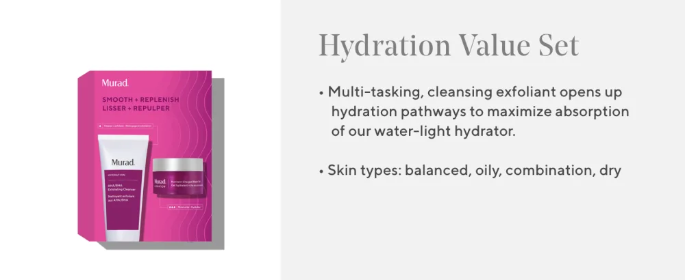 Murad Smooth & Replenish Value Set - 2-Piece Full-Size Set $117 Value - AHA/BHA Cleanser & Water Gel Moisturizer - Hydration, Moisturizing Cleanser, Moisturizer