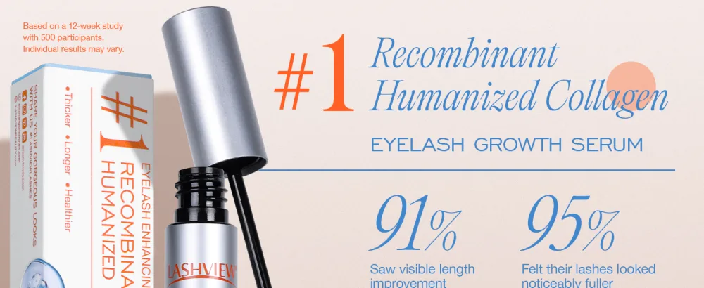 LASHVIEW Eyelash Growth Serum (0.17fl.oz / 5ml) - RECOMBINANT HUMANIZED COLLAGEN Premium Lash Enhancer for Longer Safe & Effective Formula for Visible Results in 3 Weeks - High-end eyelash growth serum