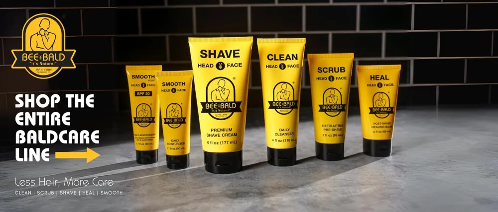 Bee Bald 3-Pack with SMOOTH PLUS Daily Moisturizer with SPF 30 HEAL Post-Shave Healing Balm and SHAVE Premium Shaving Cream - Bee Bald Brand Story