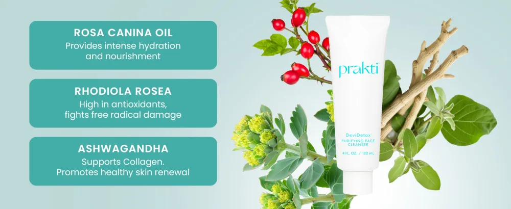 Prakti DeviDetox Purifying Face Cleanser Gently Cleanses & Nourishes Skin Hydrating & Non-Stripping with Ashwagandha 4 fl oz - rosa canina oil
