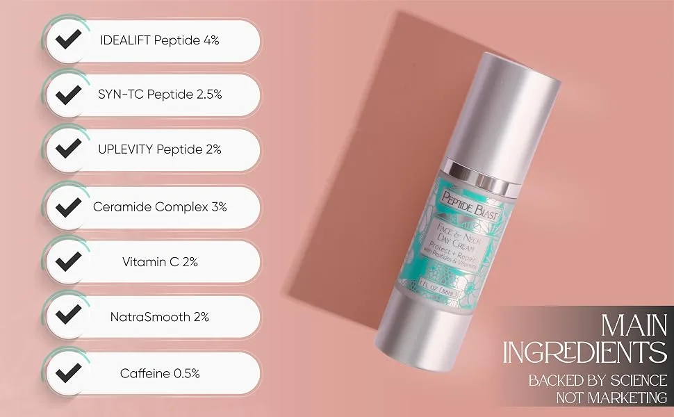 St. Croix Products: Peptide Blast DAY CREAM Packed with Collagen Peptides and Vitamins C & E For Face & Neck - 1oz. - Main ingredients backed by science, not marketing.