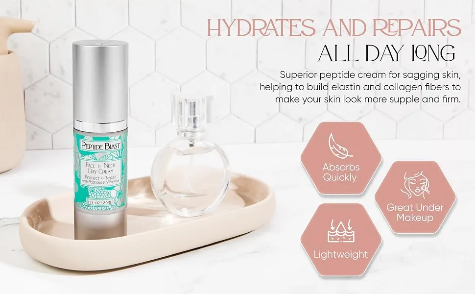 St. Croix Products: Peptide Blast DAY CREAM Packed with Collagen Peptides and Vitamins C & E For Face & Neck - 1oz. - Superior Peptide Cream for sagging skin, rebuilding collagen fibers to firm skin.