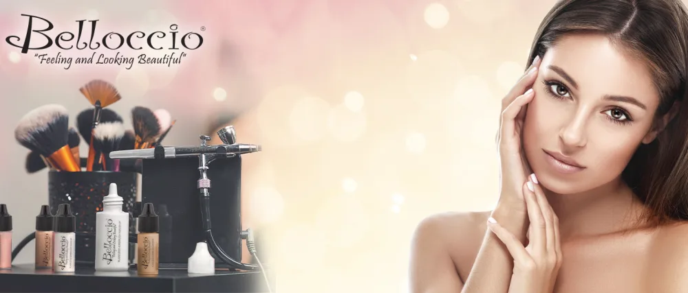 Belloccio Tanning System Quick-Connect Retrofit Hose and Gun Conv... - bellocio makeup bottle with airbrush on left with female model on right