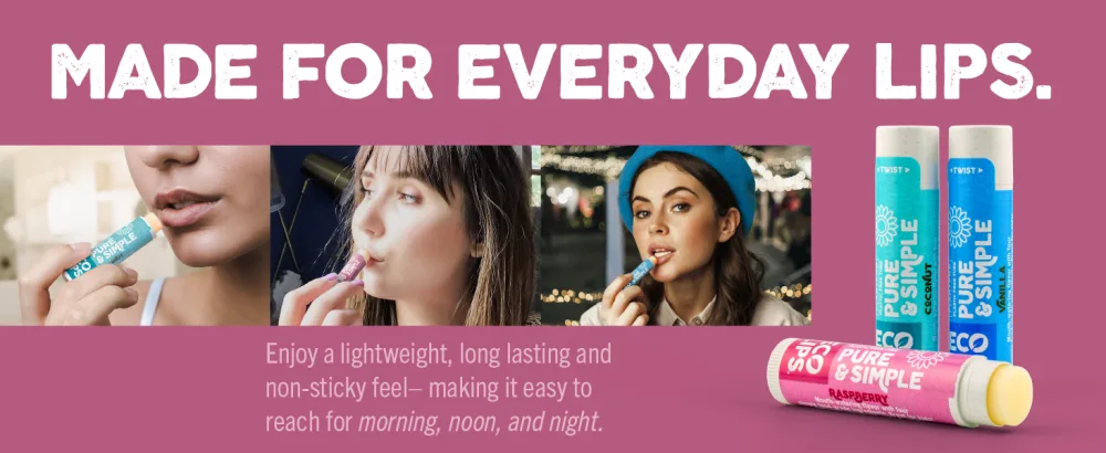 Eco Lips Pure & Simple Raspberry Coconut and Vanilla Organic Lip Balm 9-Pack (0.15 oz.) - 100% Natural. 100% Plastic-Free Packaging | Made in USA & Cruelty Free - made for everyday lips