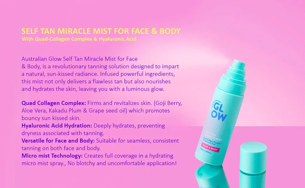 Australian Glow Miracle Mist Self Tanner for Face & Body w/Quad-Collagen Complex & Hyaluronic Acid 3.38 fl. oz / 100ml - test delete