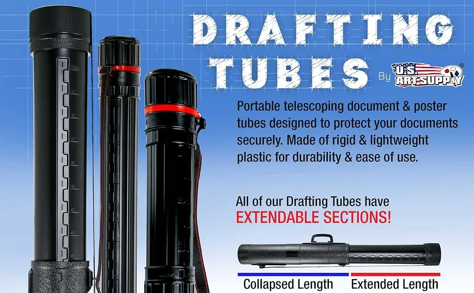 US Art Supply Black Telescoping Drafting Tube - Outside Diameter: 3-1/4  Inside Diameter: 2-7/8 inch  Length: 25 to 42-1/2 inches - US Art Supply Drafting Tubes