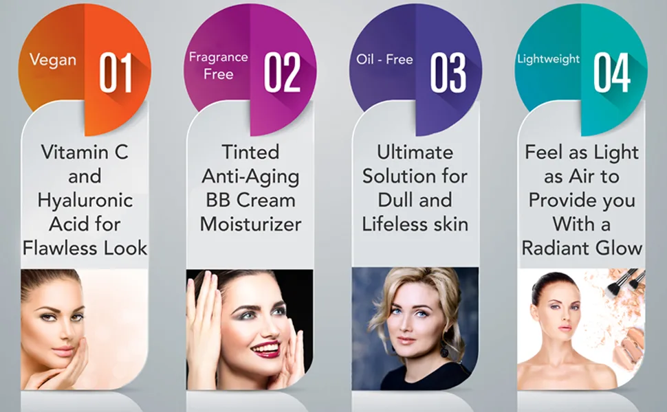 Ageless Derma BB Cream Tinted Moisturizer Foundation with Hyaluronic Acid and Vitamin C. Made in USA Medium - BB Cream