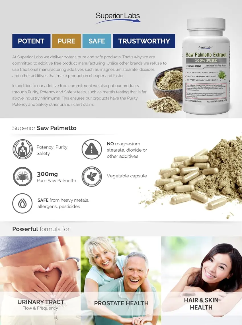 Superior Labs   Saw Palmetto Extract NonGMO  Non Synthetic  300 mg Dosage  120 Vegetable Capsules   Supports Urinary Tract Flow & Frequency - product information 1