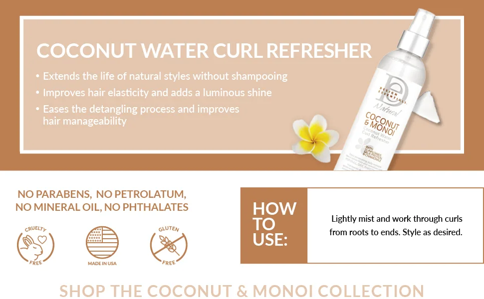 Design Essentials Natural Coconut & Monoi Coconut Water Curl Refresher with Sunflower  Marshmallow Root & Aloe  8 Ounce - Coconut Water Curl Refresher