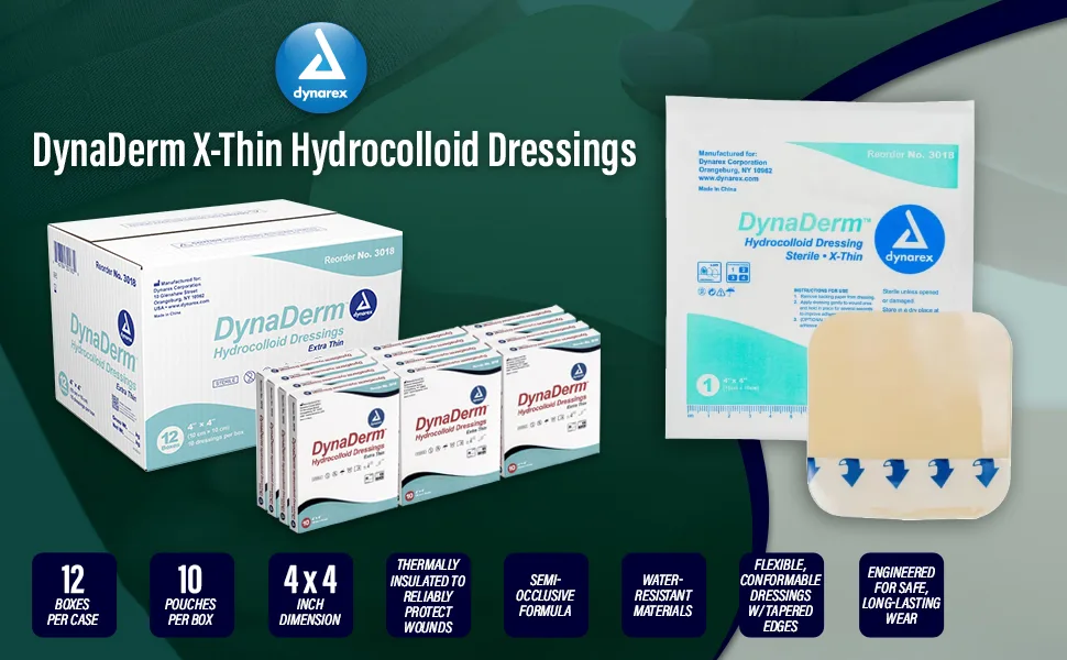 Dynarex-3018 DynaDerm Hydrocolloid Dressing 4x4 Extra Thin 12/10/Cs - dynaderm hydrocolloid dressing sterile bandage hydrcolloid bandages dynarex dressing large patch