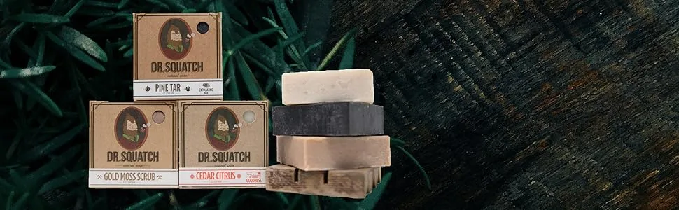 Dr. Squatch Soap Saver Made with Pure Cedarwood That Extends Your Soap's Life 1 Soap Saver - rustic wood planks with plant background, dr. squatch soap bars overlay, stack of soap bars