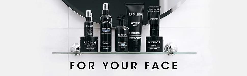 Pacinos Beard Oil for Men - 2 oz - Range of styling products sitting on glass shelf in a bathroom.