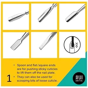 Rui Smiths Professional Double Ended Stainless Steel Metal Pusher (Cuticle Pusher) - Style No. 105 - Different types of pusher ends