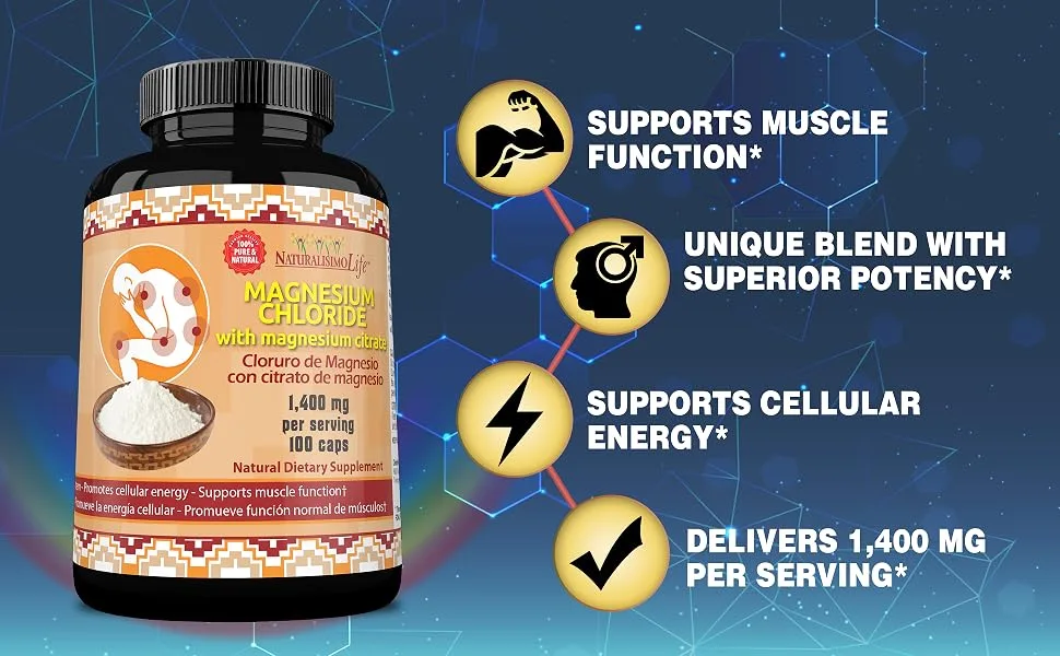 Magnesium Chloride (Cloruro de Magnesio) 1 400 per Serving 100 Capsules high Absorption with Magnesium Citrate - chloride