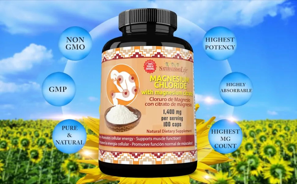 Magnesium Chloride (Cloruro de Magnesio) 1 400 per Serving 100 Capsules high Absorption with Magnesium Citrate - magnesium chloride