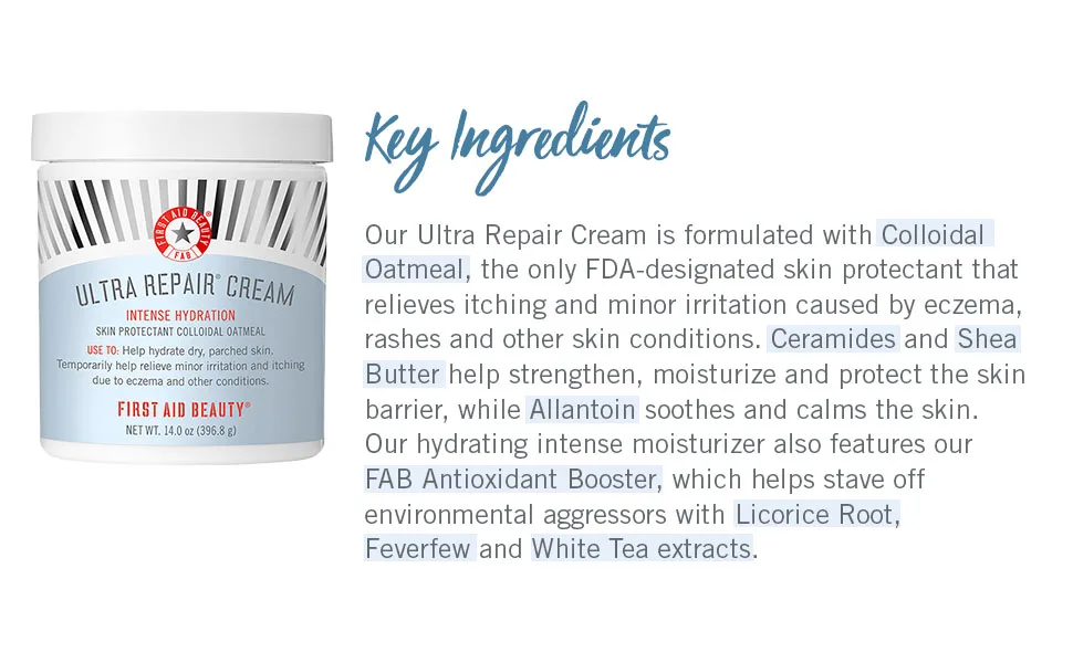 First Aid Beauty Ultra Repair Cream Intense Hydration Moisturizer for Face and Body  14 oz Original - Key Ingredients