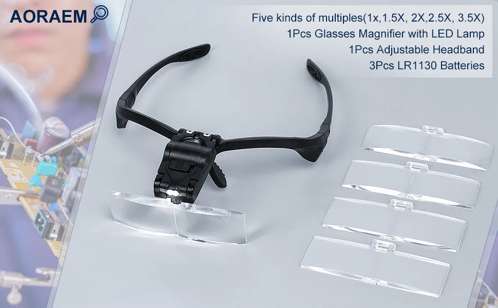 Q-COOL Magnifier Glasses w/ LED Light for Lash Extensions - 3 Lenses Magnifier Spectacles (1.5x  2.5x  3.5x) by Q-COOL Black - Magnifier Glasses