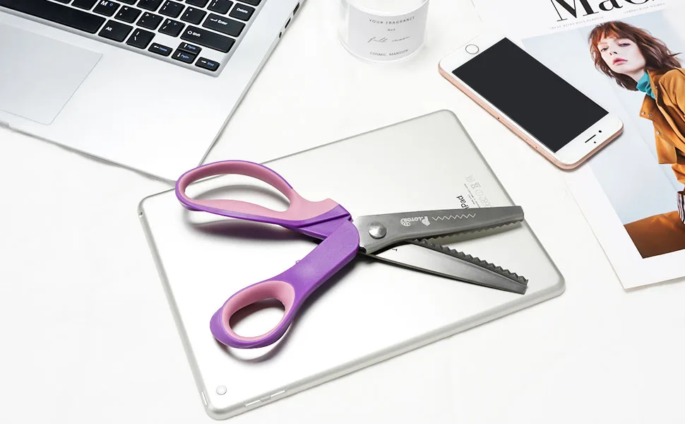Sewing Pinking Shears for Fabric Paper Leather Professional Craft Scissors with Sharp Stainless Steel Blades  P.LOTOR Lightweight Serrated Scissors with Comfortable Handle 9.3 Inch Purple - Craft Scissors for fabric