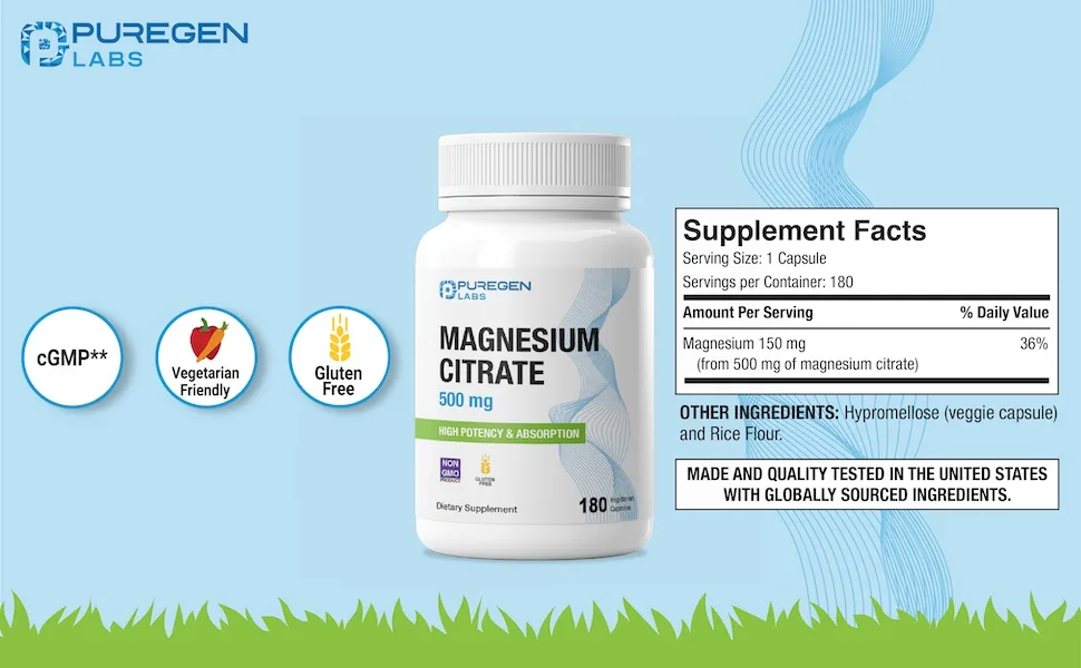 Magnesium Citrate 500 mg | High Potency Elemental Magnesium | Total 180 Veggie Caps Superior Absorption Non-GMO NO Gluten and Dairy - magnesium citrate