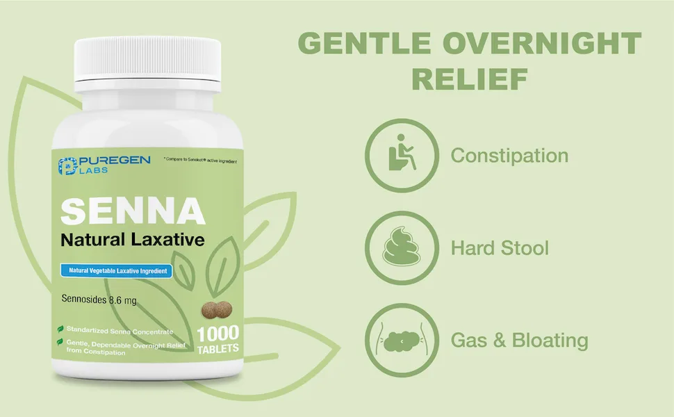 Puregen Labs Senna 8.6 mg Tablets 2 Pack (Total 2000 Count) Natural Sennosides Vegetable Laxative for Constipation Bloating Gas Irregularity Relief - senna constipation gas