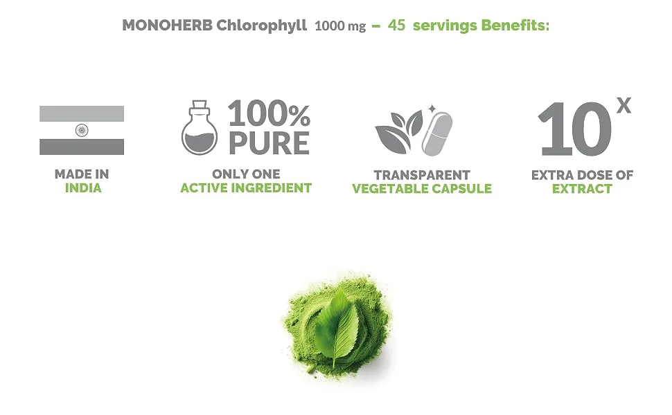 MONOHERB Chlorophyll Extract 1000 mg - 90 Vegetarian Capsules 90 Count (Pack of 1) - Chlorophyll Extract capsule powder tablet pill softgel lozenge gummy drop oil