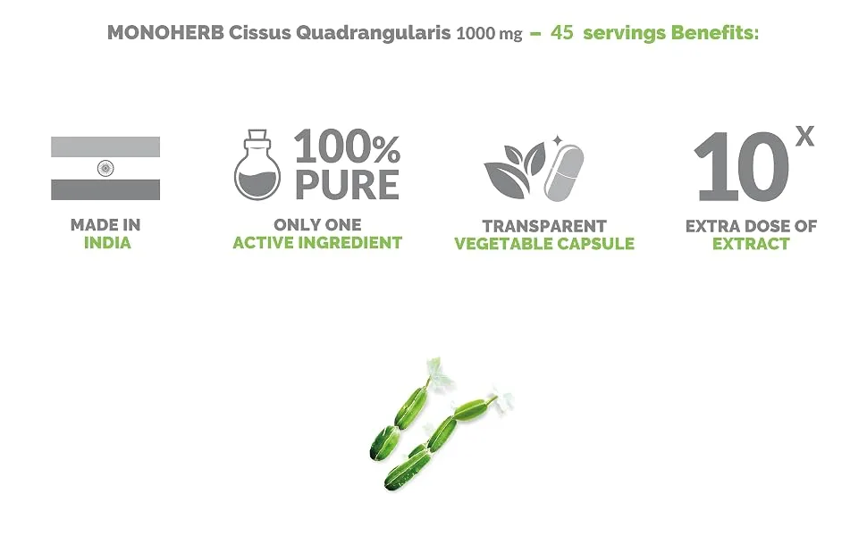 MONOHERB Cissus Quadrangularis Extract 1000 mg - 90 Vegetarian Capsules - Cissus Quadrangularis Extract capsule powder tablet natural organic pure 10x bark root plant herb