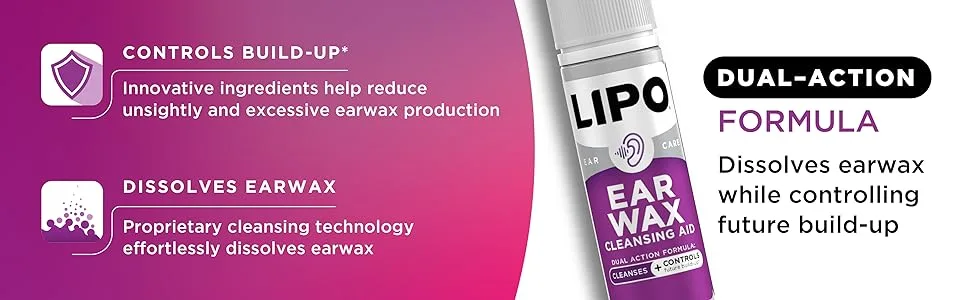 Lipo Earwax Cleansing Aid Drops Fast-Acting Earwax Removal Peroxide-Free Safe & Gentle Formula Dissolves Wax Quickly Prevents Build-Up Reduces Irritation & Muffled Ears - dual action formula dissolves earwax while controlling future build up