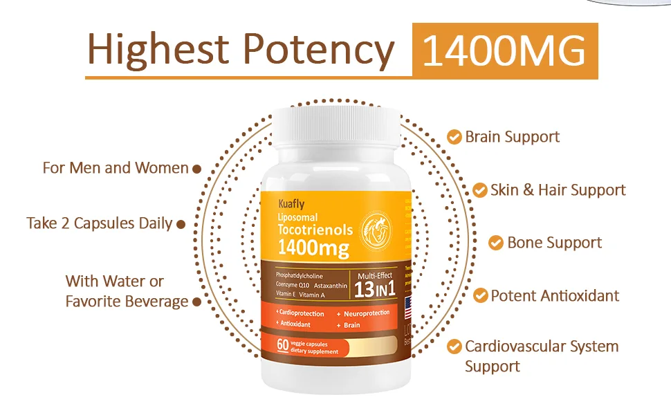 KUAFLY Liposomal Tocotrienols Vitamin E 1400mg - High Potency Vitamin E Tocotrienols with Phosphatidylcholine Astaxanthin 180 Capsules - Vitamin E