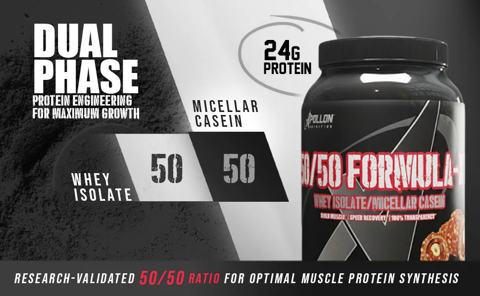 Apollon Nutrition Formula X 50/50 Protein Dual-Phase Protein Blend | Whey Isolate + Micellar Casein for Muscle & Recovery | 24g Complete Protein | 28 Servings (Chocolate Hazelnut) - Dual Phase Protein Engineering