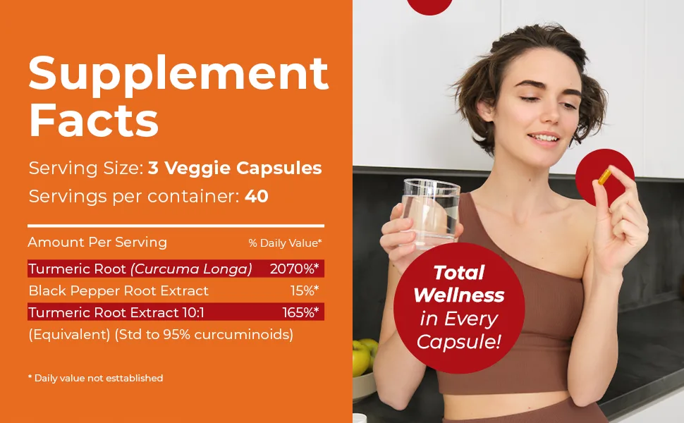 Viva Doria Turmeric Curcumin with Black Pepper Extract 2250mg 95% Standardized Curcuminoids - Black Pepper for Max Absorption 120 Vegetable Capsules - Supplement facts
