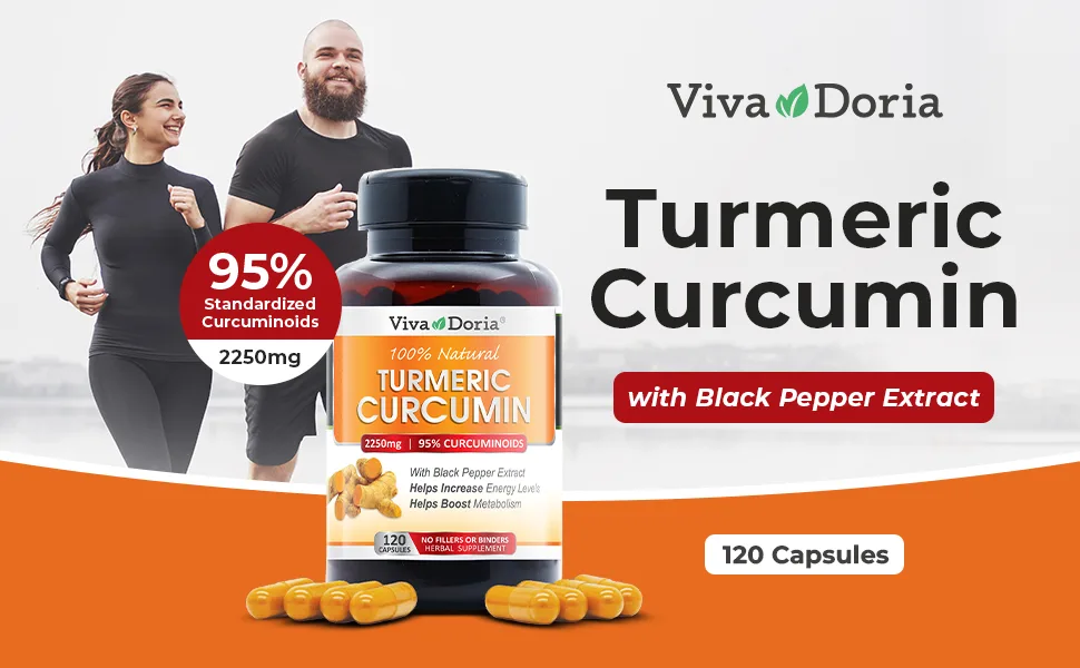Viva Doria Turmeric Curcumin with Black Pepper Extract 2250mg 95% Standardized Curcuminoids - Black Pepper for Max Absorption 120 Vegetable Capsules - Turmeric curcumin