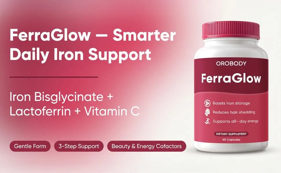 FerraGlow Ferrin Supplement - Daily Iron Support Capsules with Iron Bisglycinate Lactoferrin Vitamin C B12 and Gentle Absorption(1) - aplus content image