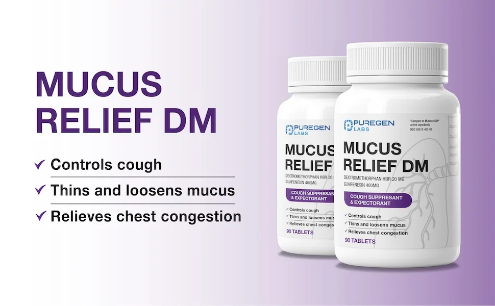 Puregen Labs Mucus Relief DM | Dextromethorphan HBr 20mg | Guaifenesin 400mg | Cough Immediate Release Uncoated Cough & Mucus Expectorant Pill 90 Tablets 1 - Mucus Relief DM