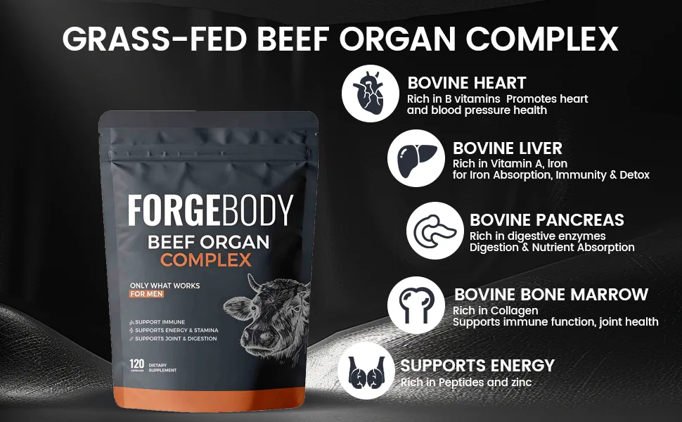 MORANDEE Forgebody Beef Organ Complex Supplement for Men 120 Capsules Grass Fed Beef Liver Capsules Immune Support Gluten Free Non-GMO (1) - forge body supplement