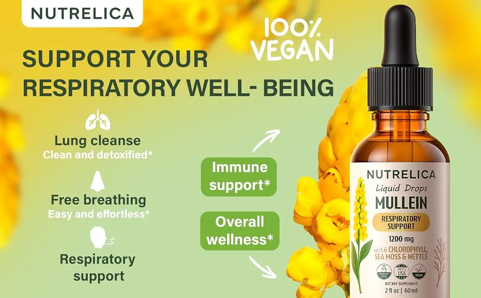 NUTRELICA Mullein with Chlorophyll Sea Moss & Nettle Lung Support 1200mg No Sugar Alcohol-Free Vegan Non-GMO - a+ 1 - mull