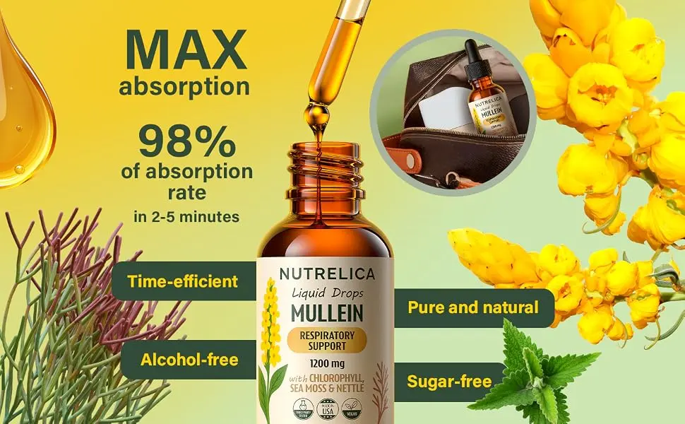 NUTRELICA Mullein with Chlorophyll Sea Moss & Nettle Lung Support 1200mg No Sugar Alcohol-Free Vegan Non-GMO - a+4 - mull