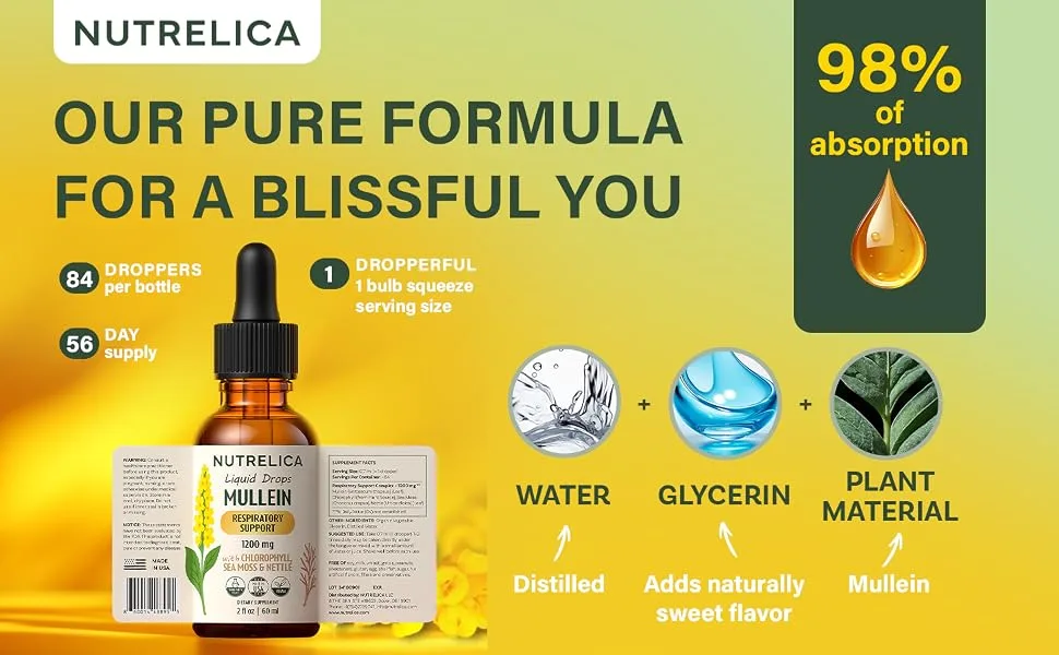 NUTRELICA Mullein with Chlorophyll Sea Moss & Nettle Lung Support 1200mg No Sugar Alcohol-Free Vegan Non-GMO - a+ mull