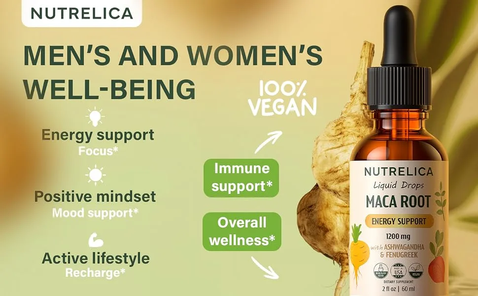 NUTRELICA Maca Root with Ashwagandha & Fenugreek Herbal Wellness & Vitality Support 1200mg No Sugar Vegan Non-GMO - a+ 1 - maca