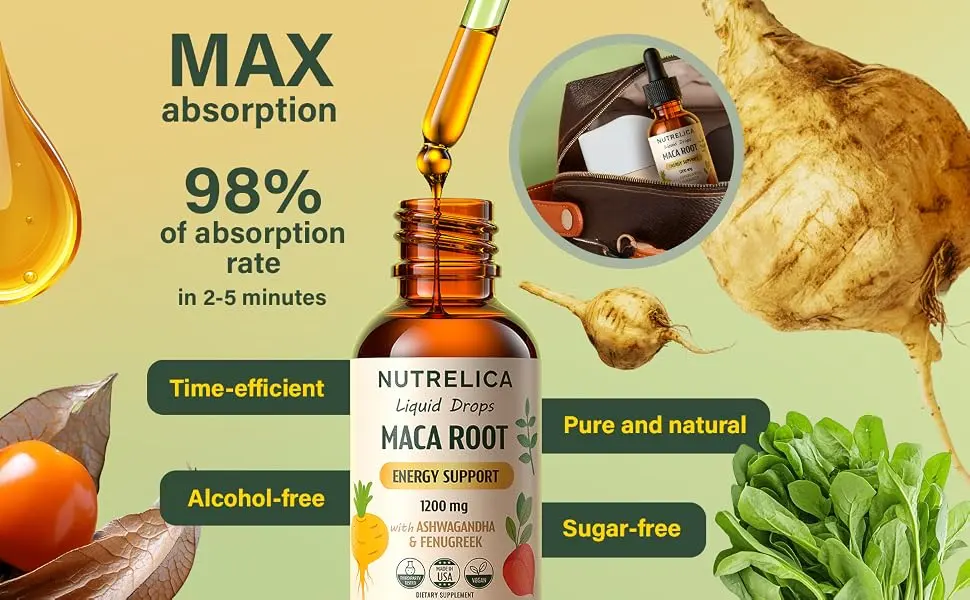 NUTRELICA Maca Root with Ashwagandha & Fenugreek Herbal Wellness & Vitality Support 1200mg No Sugar Vegan Non-GMO - a+ 4 - maca
