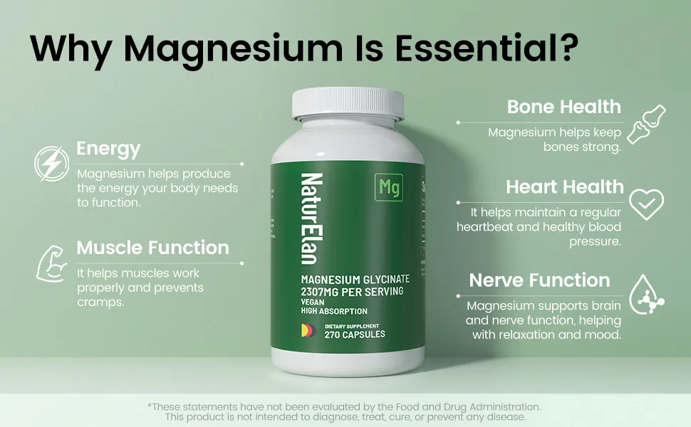 NaturElan Vitamin D3 K2 & Magnesium Glycinate Capsules Third-Party Tested Vegan Non-GMO Gluten Free - Magnesium Glycinate