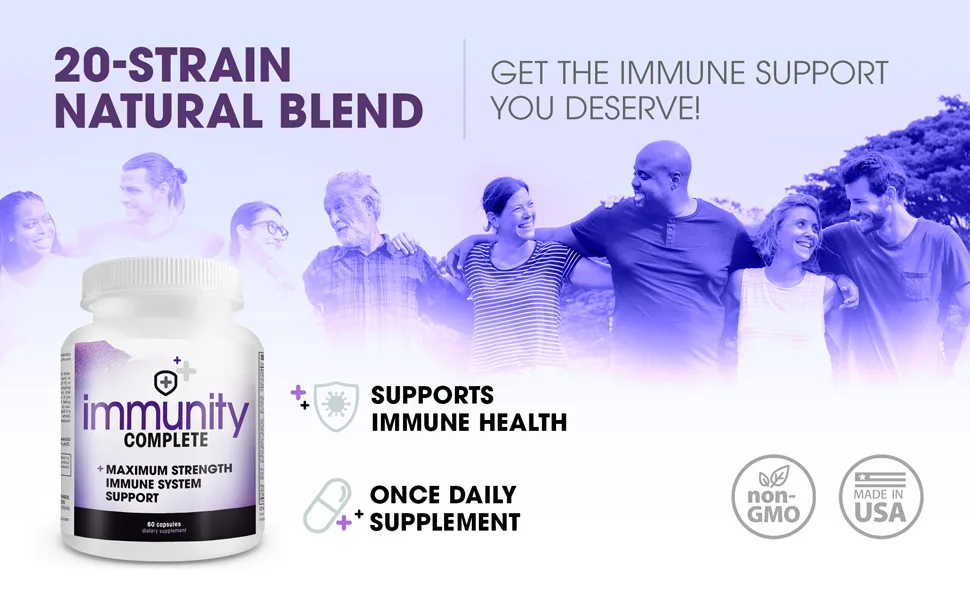 Immunity Complete - 20-in-1 Immune System Booster Formula with Cat's Claw Quercetin Vitamin C and Olive Leaf Extract 60ct 60 Count (Pack of 1) - 20 Strain Natural Blend