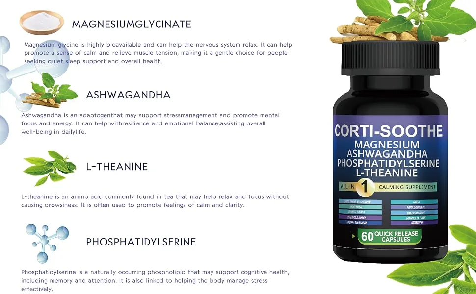 Corti-Soothe Calming Supplement with Magnesium Ashwagandha L-Theanine Sleep Support & Stress Relief 60 Quick Release Capsules - MAGNESIUM GLYCINATE