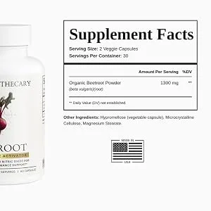 Dear Apothecary Organic Beetroot Capsules | 1300mg Beet Root Powder | Nitric Oxide Precursor | 60 Vegetarian Capsules | Non-GMO Gluten Free Vegan - beetroot supplement facts