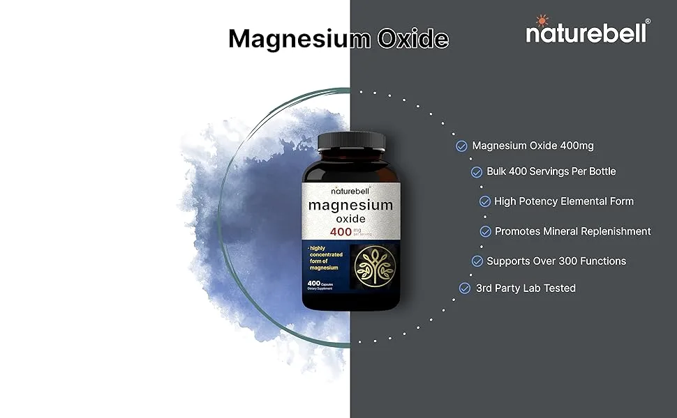 Magnesium Oxide 400mg 400 Capsules | High Purity Elemental Form Extra Strength Essential Mineral Supplements for Muscle Digestion Bone & Heart Support Non-GMO & No Gluten - product information 2