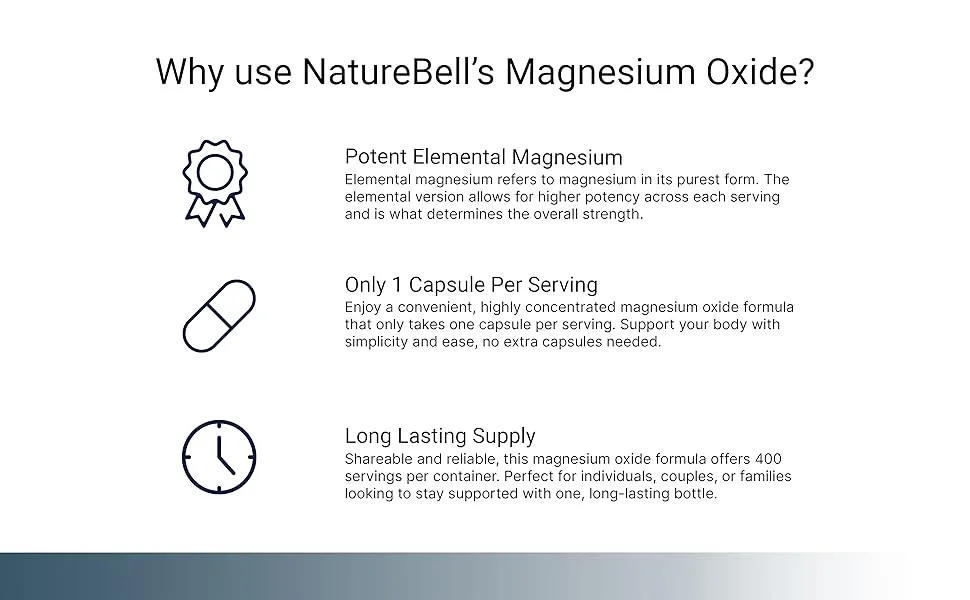 Magnesium Oxide 400mg 400 Capsules | High Purity Elemental Form Extra Strength Essential Mineral Supplements for Muscle Digestion Bone & Heart Support Non-GMO & No Gluten - product information 3