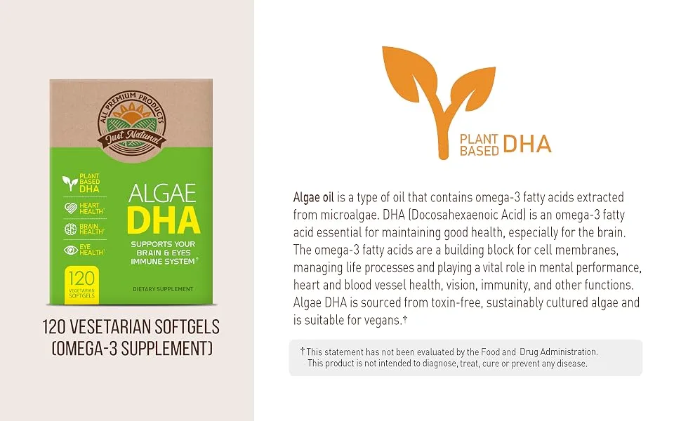 Algae DHA 120 Softgels x 1 Box - Vegan Omega-3 Supplement Pure Plant-Based Carrageenan DHA and Algae Oil (120 Count) 120 Count (Pack of 1) - Algae DHA Description